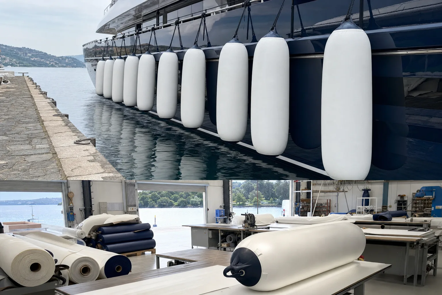 A row of large white inflatable yacht fenders hanging along a superyacht hull